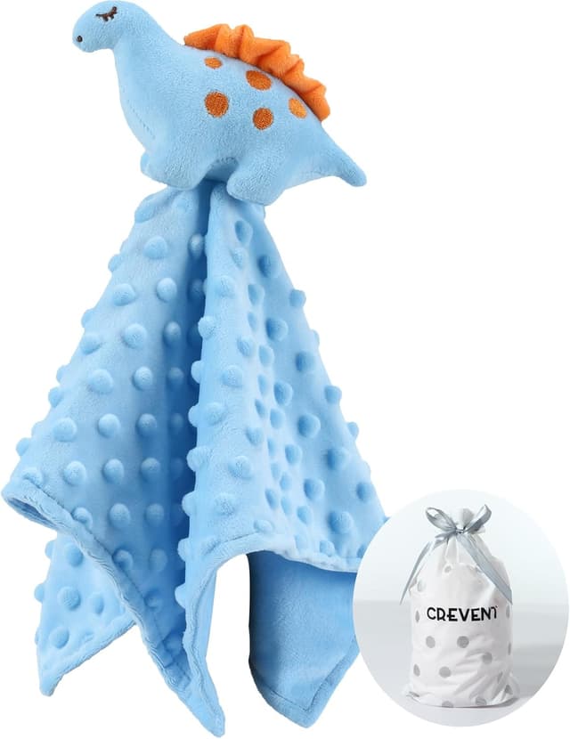 Detalle de CREVENT Baby Comforter for Sleeping (Mink Dot Front + Fleece Back) – Blue Dinosaur Plush Security Blanket, 34 x 34 cm