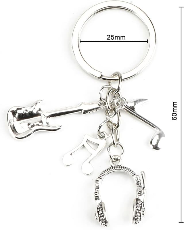 Detalle 2 de Edelstahl-Schlüsselanhänger für Musikliebhaber mit Gitarre, Kopfhörern und Noten