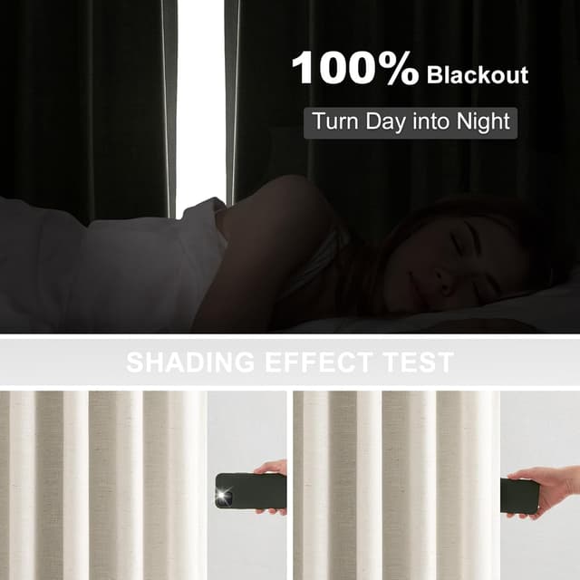 Detalle de Topfinel 96-Inch Pinch Pleat 100% Blackout Curtains (2 Panels) — Natural Linen Thermal Insulated Set, Neutral Beige Ivory