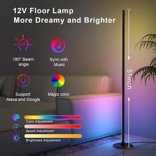 Detalle de Lanmonlily LED Corner Floor Lamp (Smart with Alexa, music sync, 16 million colours & 68 scenes) – Black