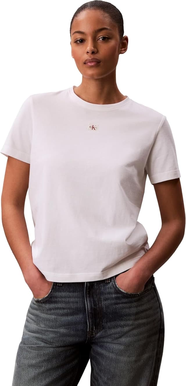 Detalle de Calvin Klein SS Woven Label Classic Fit Tee da donna (Lv047f227g) – maglietta in stile classico