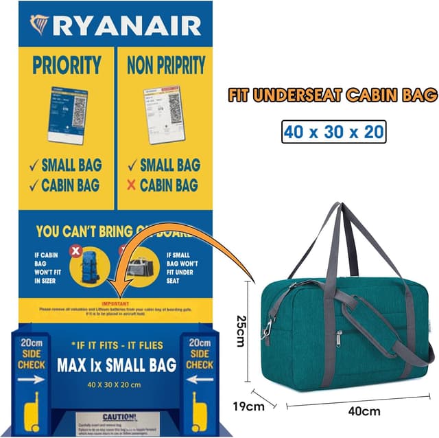 Detalle de 40x30x20cm underseat foldable cabin bag for Ryanair (Teal) – 20L foldable holdall tote