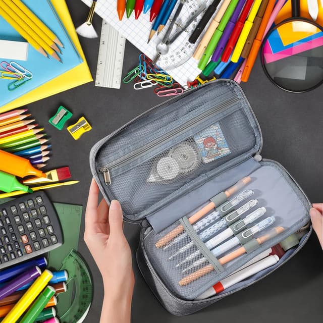 Detalle 2 de Gigmeta Federmäppchen mit 5 Fächern (große Kapazität) – großer Pencil Case für bis zu 80 Stifte, Grau