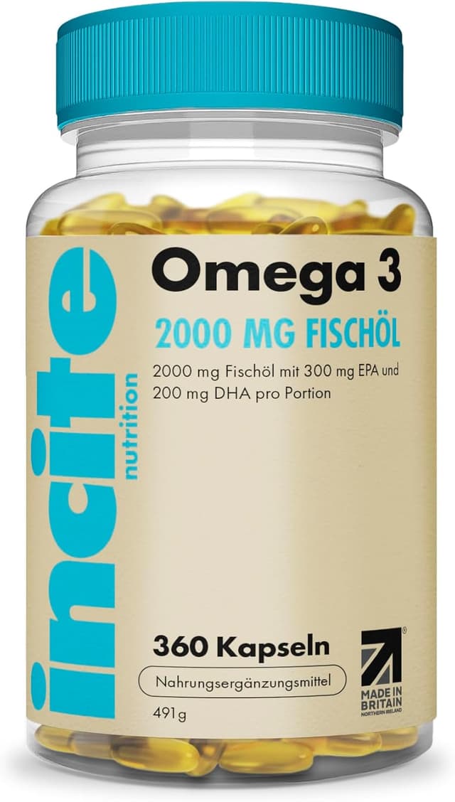 Detalle de Incite Nutrition Omega 3 Fischöl-Kapseln 2000 mg (EPA & DHA) – 360 Softgel-Kapseln