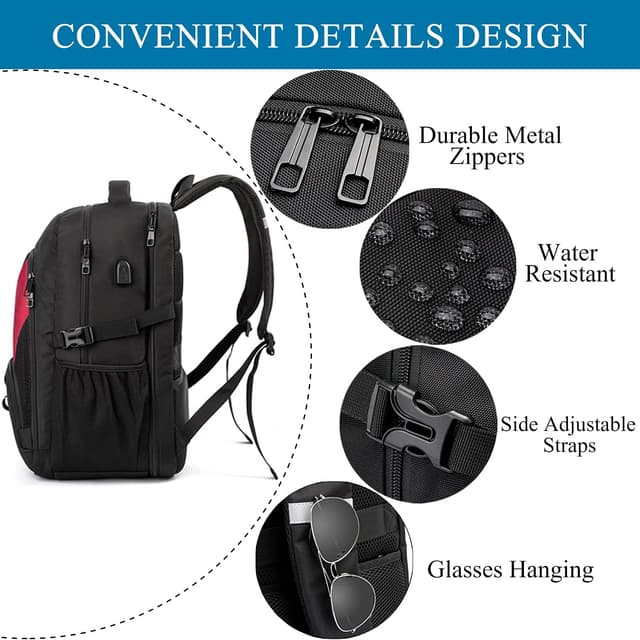 Detalle de Extra Large 50L Travel Laptop Backpack with USB Charging Port & Anti-Theft Pocket (Fits up to 17 Inch) - Red