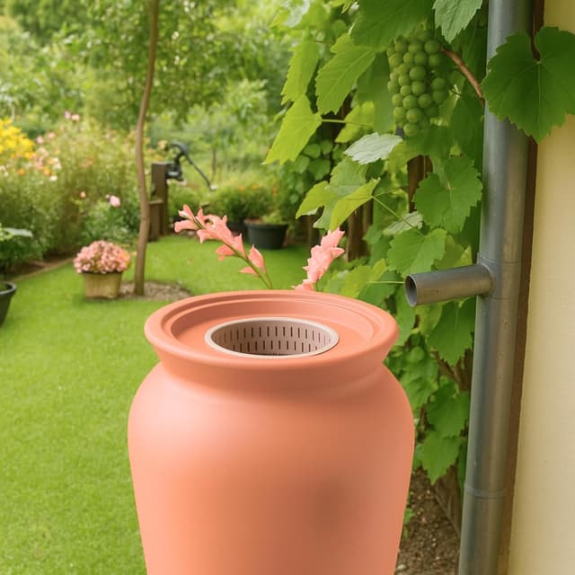 Detalle de YourCasa Regentonne 230 l „DropCatcher“ mit Filterkorb & Wasserhahn, frostsicherer Kunststoff (Terracotta)