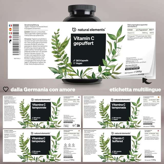 Detalle de Vitamina C tamponata 500 mg Natural Elements – 365 capsule vegane, altamente digeribile