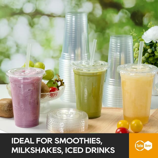 Detalle de Turbo Bee 200 Sets 24 oz Clear Plastic Cups with Lids and Straws (Disposable To-Go Iced Coffee Cups)