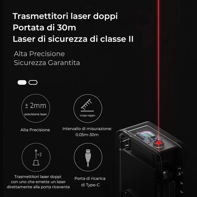 Detalle 1 de HOTO Metro Laser tascabile da 30 m con precisione ±2 mm, ricarica Type-C e display OLED