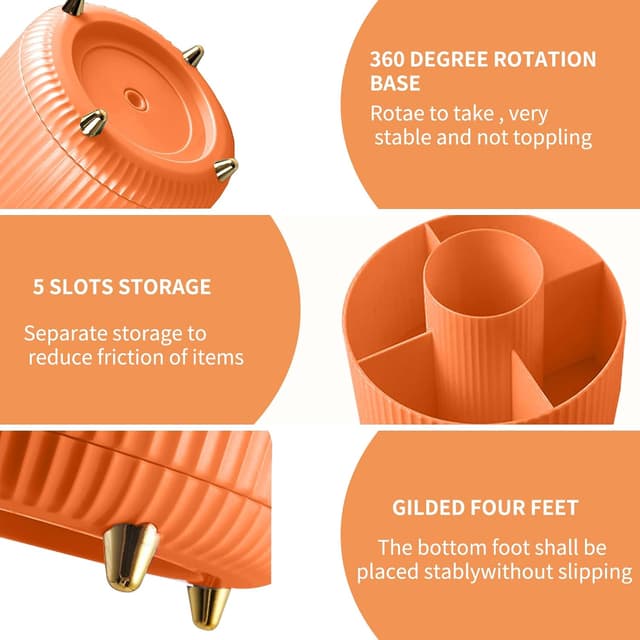Detalle de 360° drehbarer Make-up Organizer mit 5 Fächern – Make up Organizer & Pinselhalter (Orange)