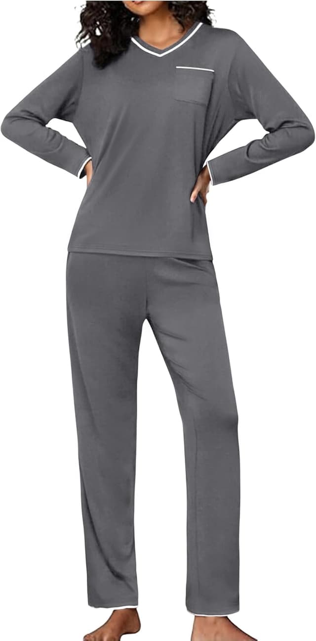 Detalle de Demegimi Damen-Langschlafanzug aus Baumwolle mit V-Ausschnitt oder Rundhalsausschnitt