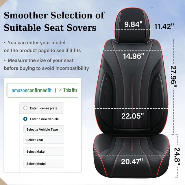 Detalle 2 de Coverado Front Seat Covers (Nappa Leather Look) — Waterproof Universal 2-Pack for Most Cars, Black & Red Line