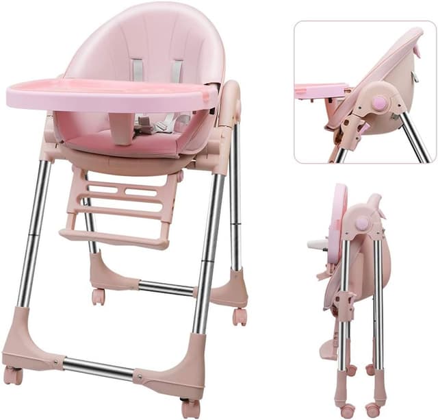 Detalle de OUNUO Chaise Haute Enfant évolutive pliable avec roues et réglages (rose)