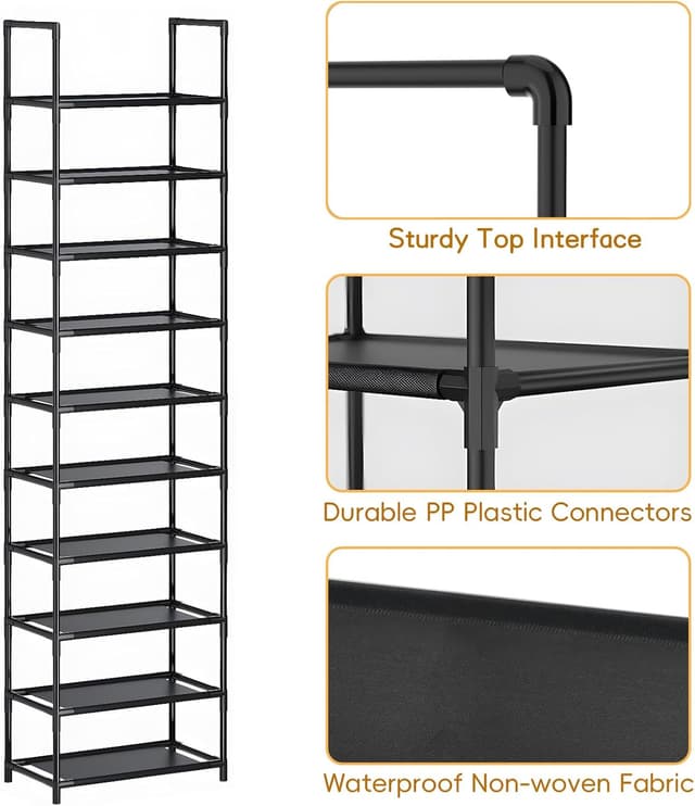 Detalle de barsone 10-Tier Metal Shoe Rack (20–25 Pairs) – Stackable shoe storage for narrow entryways