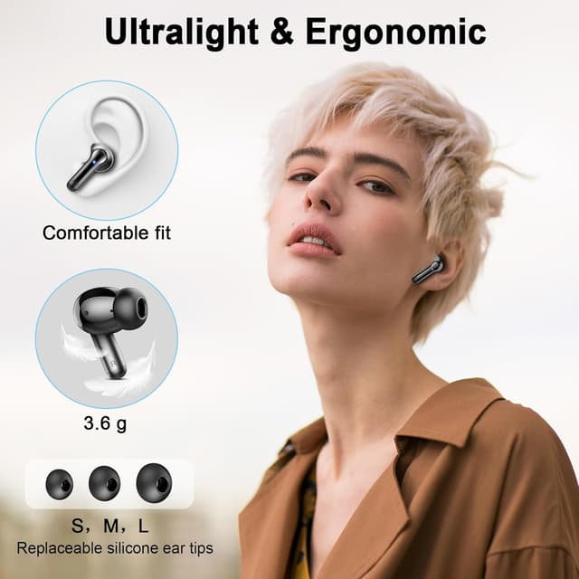 Detalle 1 de Wireless Earbuds (Bluetooth 5.4) with 4 ENC Mic, 6D Stereo Noise Cancelling, 36H Playtime, IP7 Waterproof, USB-C