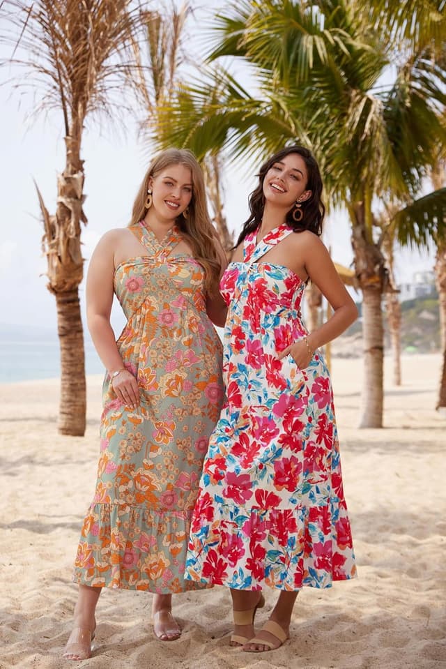 Detalle 2 de GRACE KARIN Women’s Floral Halter Boho Maxi Dress with Pockets (Summer Vacation Sundress)