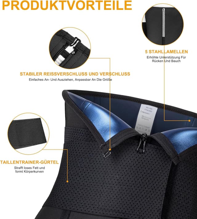 Detalle 2 de Junlan Waist Trainer da donna con chiusura lampo e supporto posteriore per sudorazione