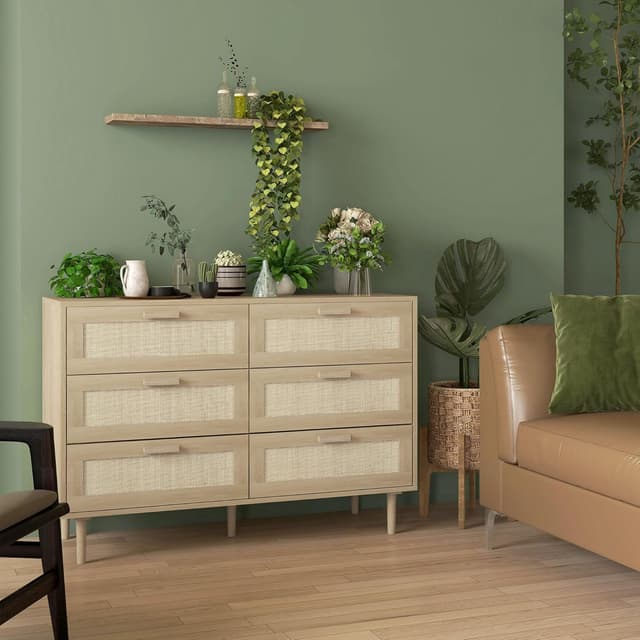 Detalle 2 de HOMCOM Commode 6 tiroirs rotin clair 110x40x75 cm