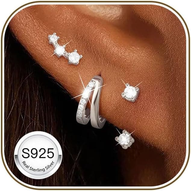 Detalle de Set orecchini ZNBOH in argento 925 (3 paia) con zirconi: cerchietti e farfalle/quadrifoglio per fori multipli