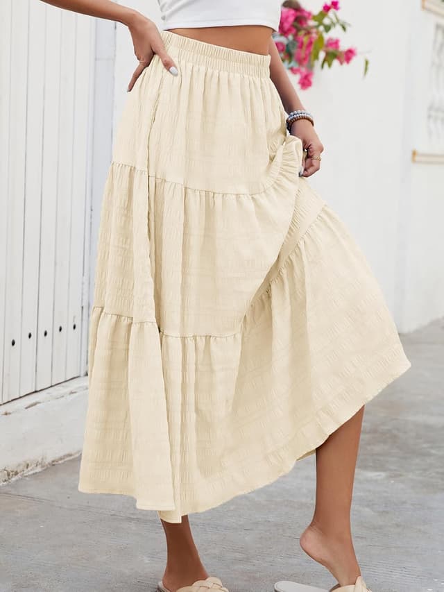 Detalle 2 de HUSKARY Women’s Tiered Smocked Maxi Skirt with Pockets (High-Waisted, A-Line, Flowing Layered Look)