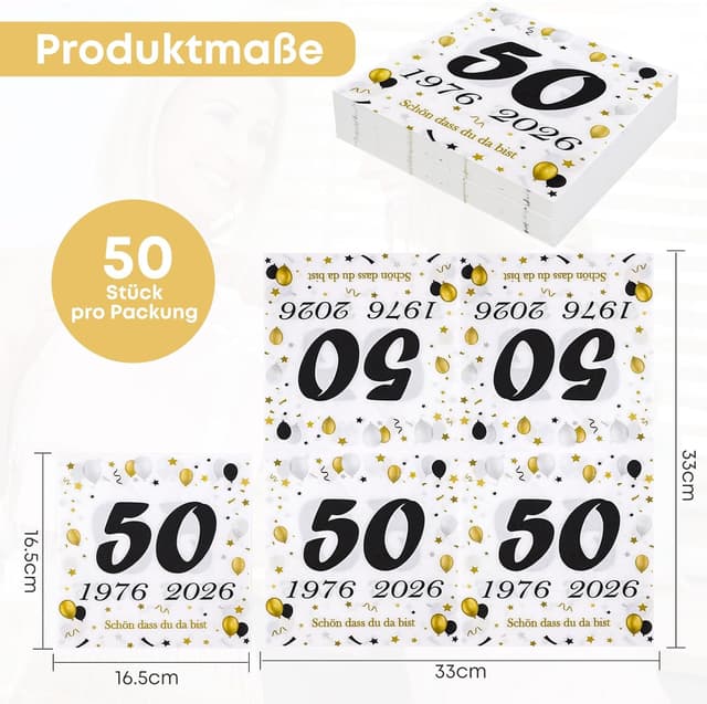 Detalle de 50 Stück Servietten zum 50. Geburtstag – Schwarz/Gold Deko 1976–2026 mit „Schön dass du da bist“