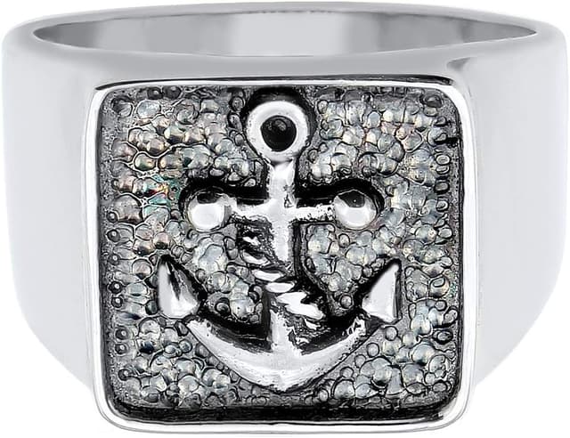 Detalle de Kuzzoi Siegelring für Herren – massiv, 14 mm breit aus 925 Sterling Silber, schwarz oxidiert mit Ankersymbol (Ringgröße 60–66)