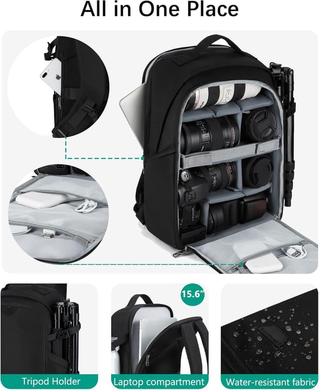 Detalle de bagsmart Kamerarucksack für DSLR/SLR mit Seitenzugang und Laptopfach bis 15,6" – wasserfest, Stativhalter, Schwarz