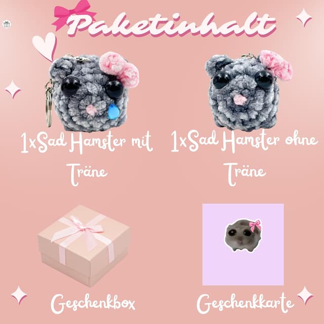 Detalle 2 de VaroVaro SAD HAMSTER Hamsti – lot de 2 porte-clés crochetés, coffret cadeau avec carte (fait main)