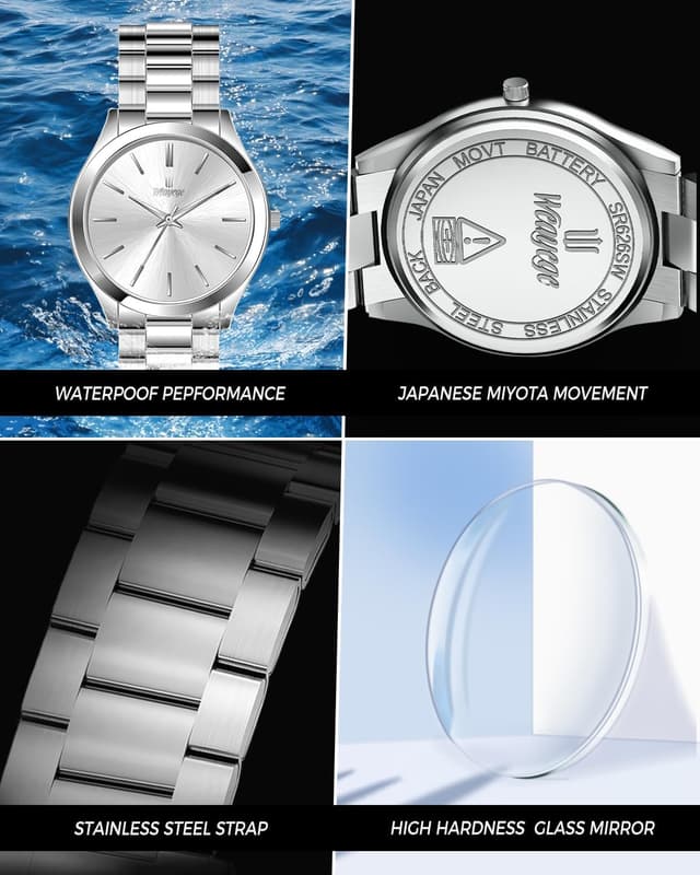 Detalle 2 de Weayege Herren Analog-Uhr mit Quarzwerk, Edelstahlarmband, wasserdichtes Mesh-Design (44 mm)