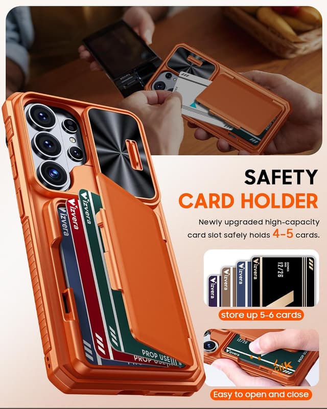 Detalle 2 de Vizvera for Samsung Galaxy S26 Ultra case with sliding camera cover, card wallet & RFID protection (Orange)