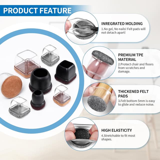 Detalle de Kleine Silikon Bodenschoner für Stuhlbeine – 32 Stuhlbeinkappen grau, Φ 28–37 mm, Filzunterseite