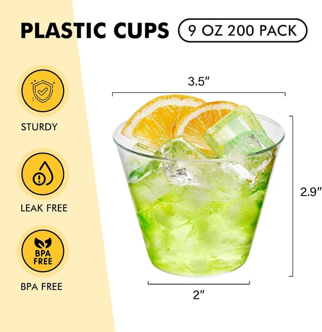 Detalle de RACETOP 200 Pack 9 oz Clear Plastic Cups for Parties, Disposable Clear Cups for Wine & Cocktails