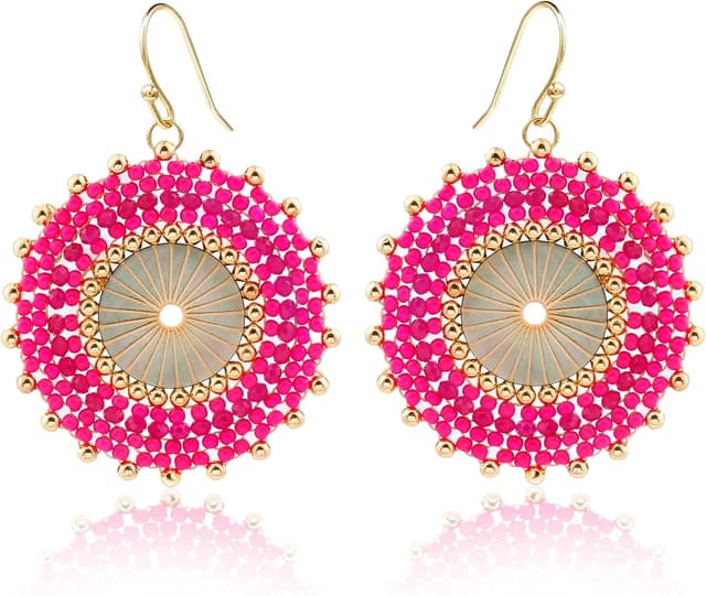 Detalle de Bunte Perlenohrringe für Frauen: handgewebte Böhmischen Perlen- Creolen mit baumelndem Design