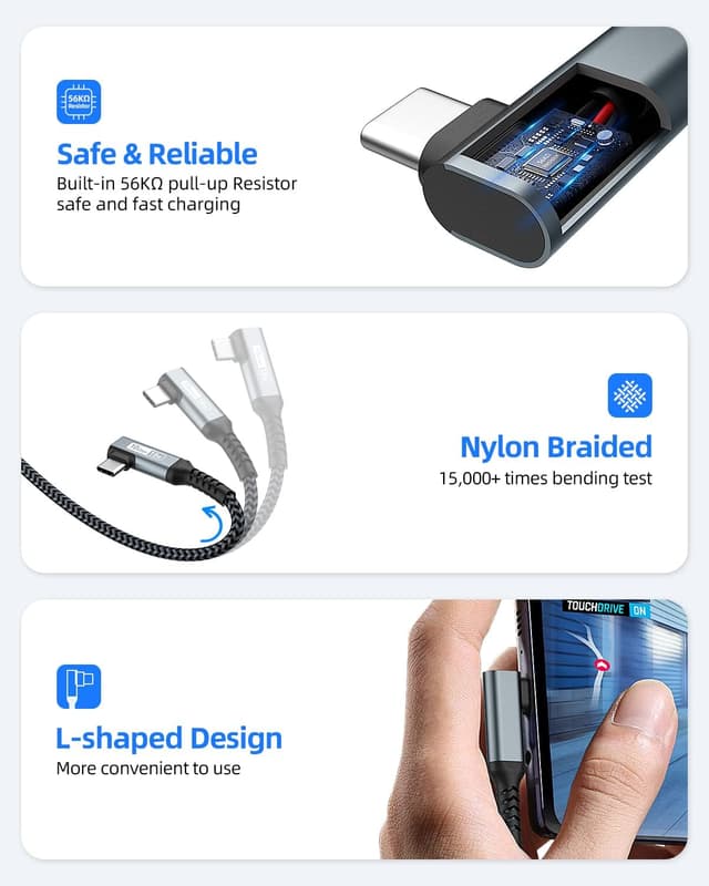 Detalle 2 de SUNGUY USB‑C Kabel Winkel 0,5 m (USB 3.1 Gen 2, bis 10 Gbit/s) – 90° Stecker für Laden & Daten