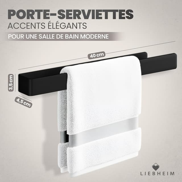 Detalle 2 de LIEBHEIM porte-serviette mural sans perçage en aluminium noir – 40 cm