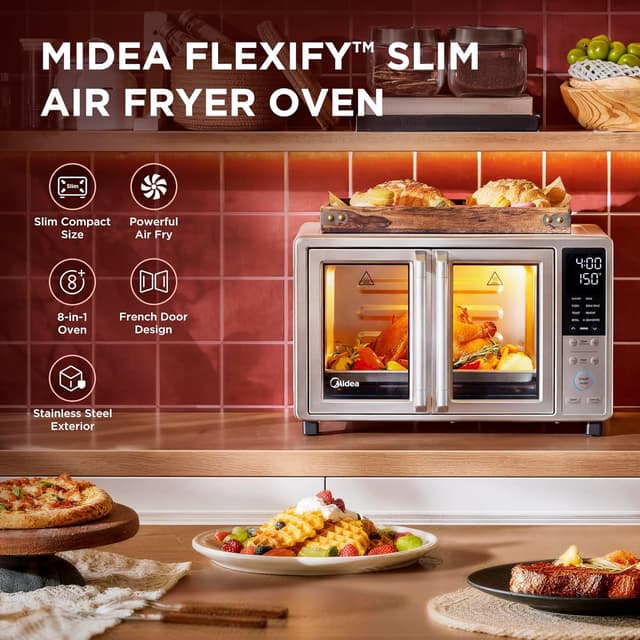 Detalle de Midea Flexify Slim 8-in-1 French Door Toaster Oven Air Fryer Combo (25 Quart) with Infrared SpeedHeat, Stainless Steel