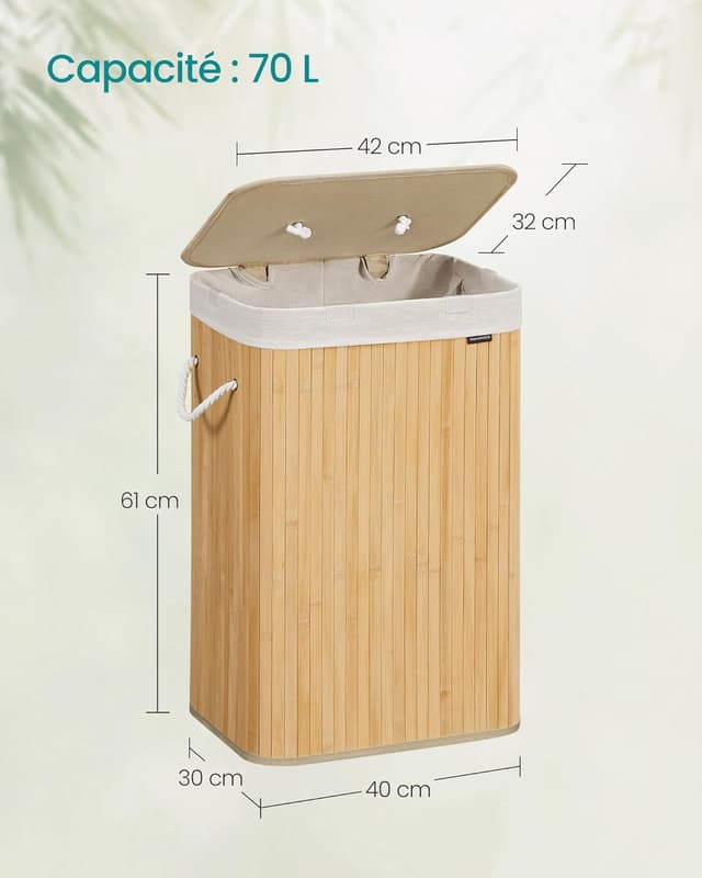 Detalle de SONGMICS LCB10Y – Panier à linge en bambou avec couvercle 72 L, pliable et sac amovible lavable