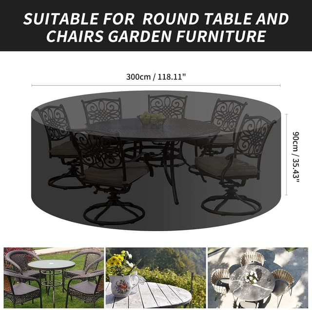 Detalle 2 de PATIO PLUS Large Round Garden Table Furniture Cover (420D Oxford, 300x90cm) – waterproof & windproof outdoor protection
