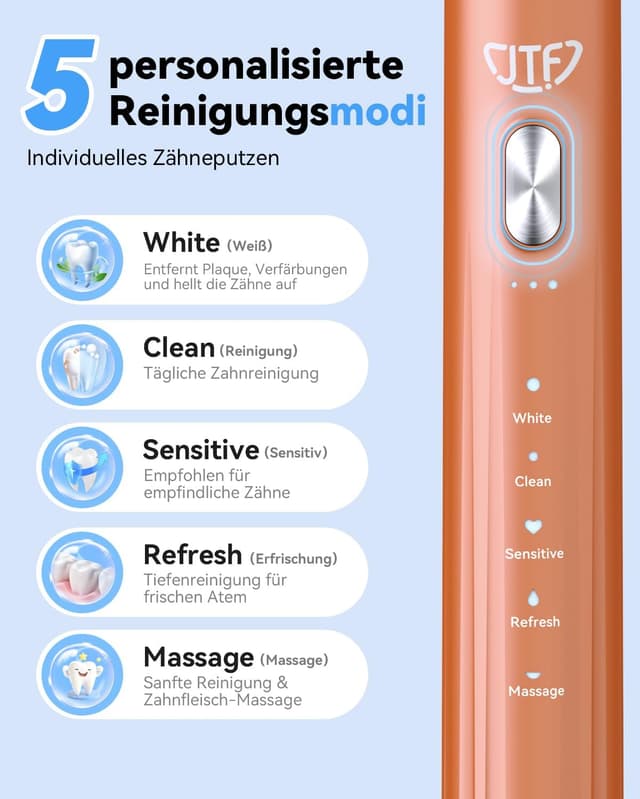 Detalle de JTF Brosse à dents électrique sonique avec station UV et séchage, 5 modes, 6 têtes de rechange