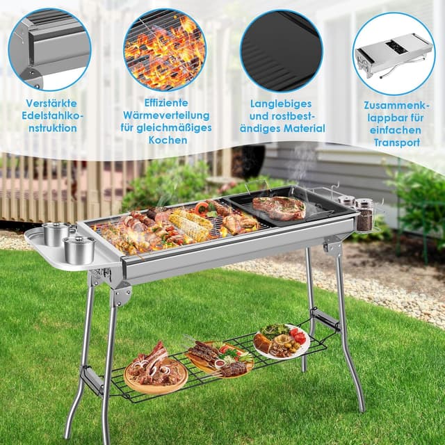 Detalle 2 de Barbecue a carbonella XXL pieghevole in acciaio inox con griglia e padella antiaderente