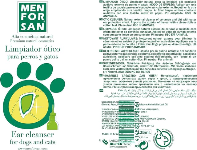 Detalle 2 de MENFORSAN Ohrenreiniger für Hunde und Katzen (125 ml) – natürlicher, alkoholfreier Reiniger, 2er-Pack