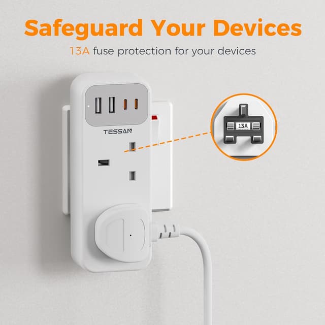 Thumbnail 4 de TESSAN Double Plug Adaptor with 4 USB, 13A ⚡