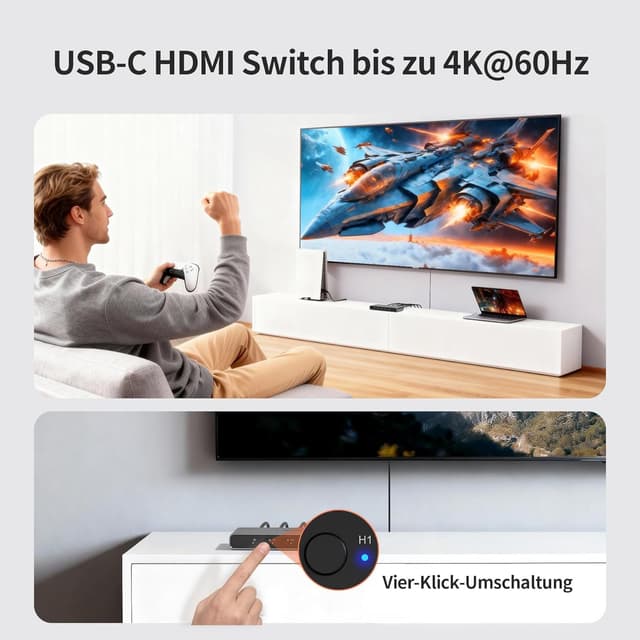 Detalle de Alxum HDMI Switch 4-in-1 (4K@60Hz, HDR, HDCP 2.3) mit 2× Type-C Eingängen – automatisches Umschalten