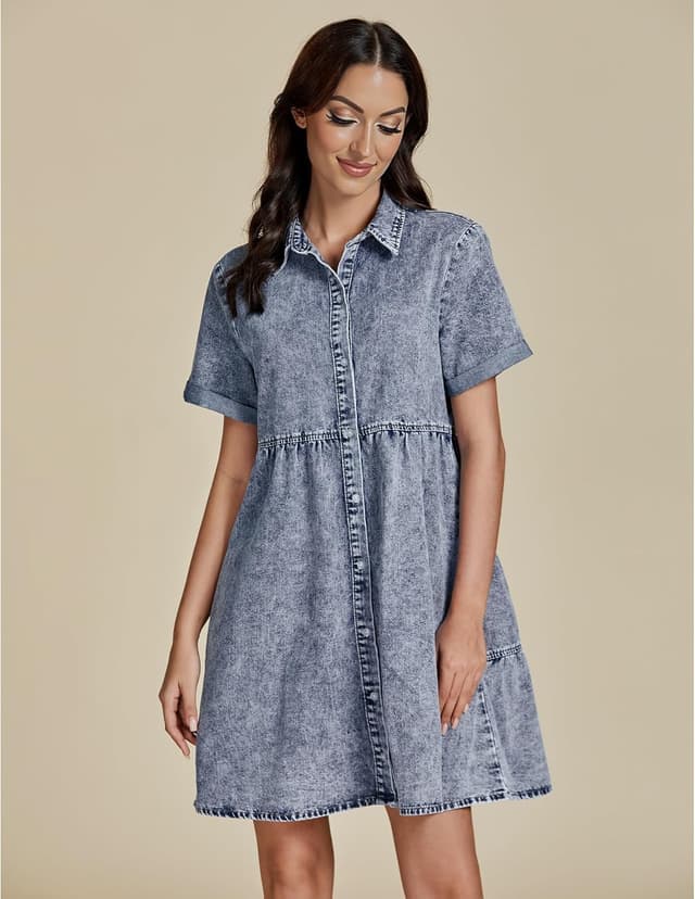 Detalle de GRAPENT Denim Dress for Women Babydoll Tiered Short Sleeve Button-Down Jean Shirt Dress