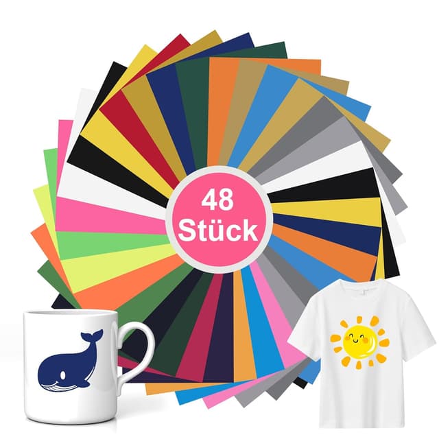 Detalle de Nuangoo 48 fogli di vinile termoadesivo per Cricut (30,5×20,5 cm) – 24 colori per tessuti e progetti fai-da-te