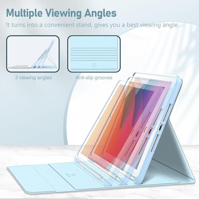 Detalle de FINTIE Tastatur Hülle für iPad 10,2 Zoll (9./8./7. Gen., 2019–2021) mit QWERTZ, TPU-Rückschale und Stifthalter – Himmelblau