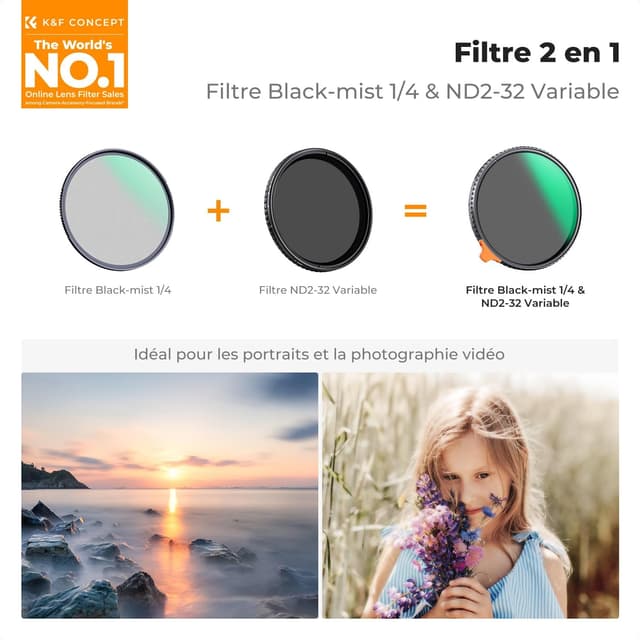 Detalle de K&F CONCEPT Filtre 82 mm 2 en 1 Black-Mist 1/4 + ND variable ND2-32 (sans croix)