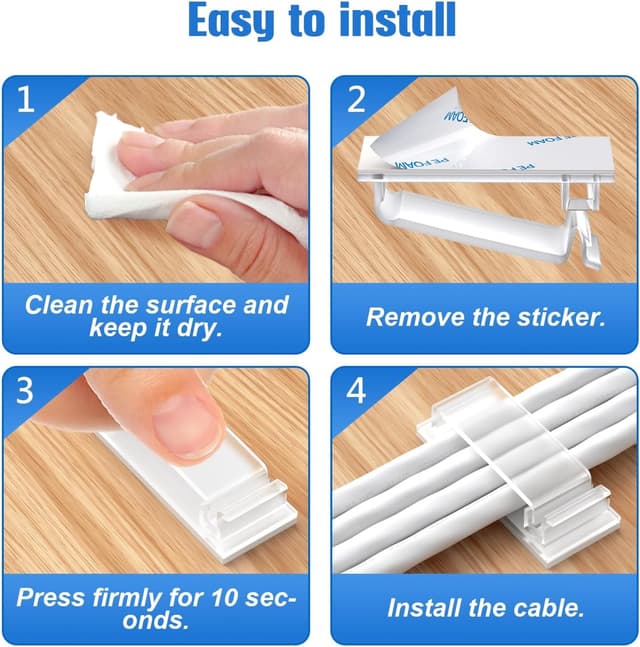 Detalle de Kimsky Kabelhalter Set (100 Stück) mit selbstklebenden Kabelclips in transparent – 3 Größen für Heim & Büro