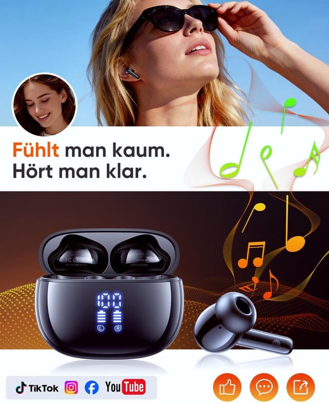Detalle de ZIUTY Bluetooth 5.3 In-Ear Kopfhörer mit 4 ENC Mikrofonen, 48 Std Spielzeit und IPX7 Sport-Schutz (schwarz)