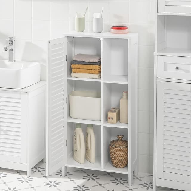 Detalle 2 de SoBuy Meuble de salle de bain haut BZR39-W : armoire étroite blanche avec porte lamellée et 3 étagères
